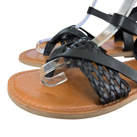 Toms Lexie Sandals Black Leather Ankle Strap Flats Thongs Woven Shoes sz 7 - Picture 8 of 16